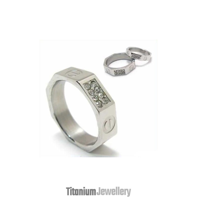 Diamond Set 6Mm Titanium Inlaid Court Band Ring