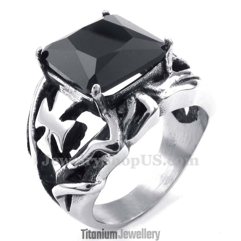Titanium Ring With Black Ornamental Stone Titanium Ring With Black Ornamental Stone