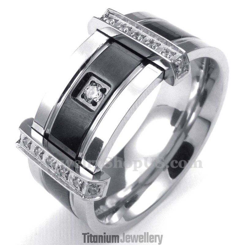 Mens Titanium Ring With White Rhinestone
