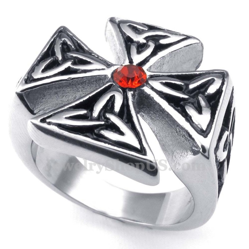Titanium Cross Ring With Red Zircon