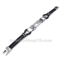 Silver Black Titanium Bangles With Wire Leather