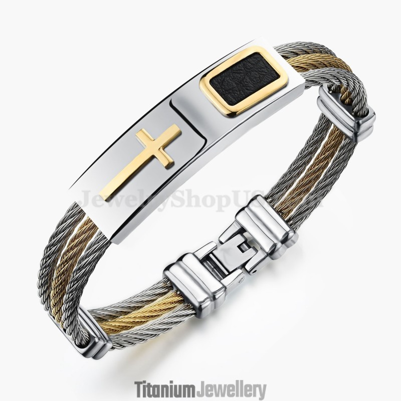 Men's Titanium Gold Cross Bracelet C785