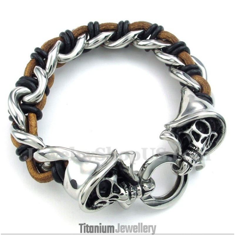 Men's Titanium Grim Reaper Leather Bracelet