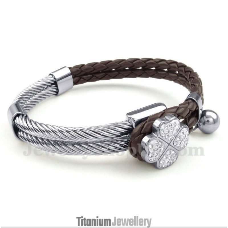Men's Clover Leather Titanium Bracelet