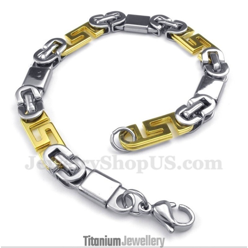 Men's Titanium Gold Greek Meander Pattern Bracelet