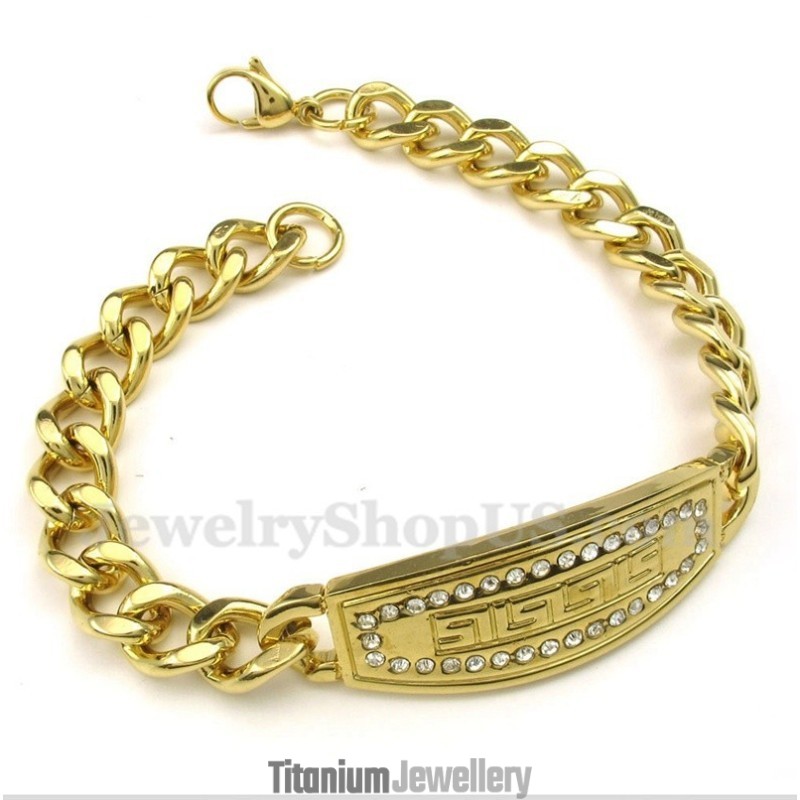 Men's Titanium Gold Diamond Greek Meander Pattern Bracelet Men's Titanium Gold Diamond Greek Meander Pattern Bracelet