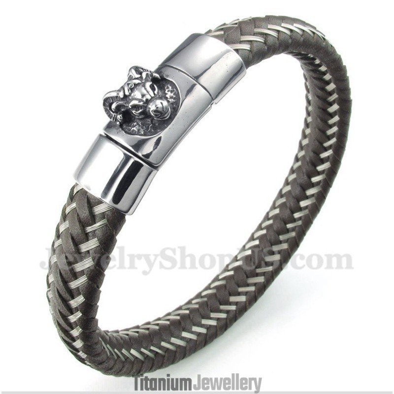 Men's Titanium Aries Leather Cable Bracelet Men's Titanium Aries Leather Cable Bracelet