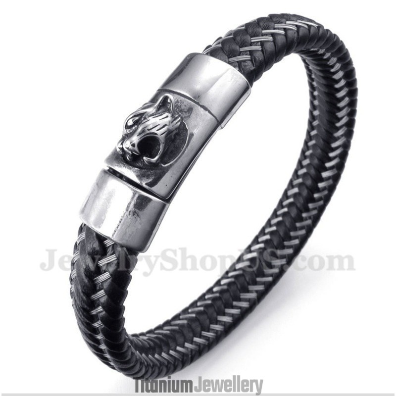 Men's Titanium Black Leather Cable Bracelet Men's Titanium Black Leather Cable Bracelet