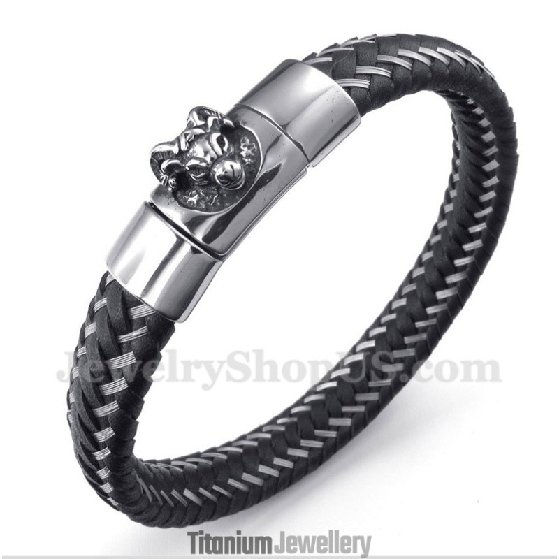 Men's Titanium Black Leather Cable Magnet Bracelet Men's Titanium Black Leather Cable Magnet Bracelet