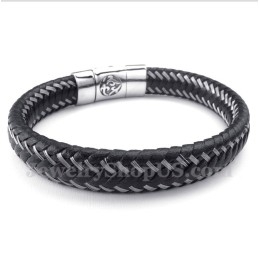 Men's Titanium Black Leather Cable Magnet Bracelet