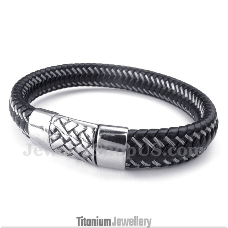 Men's Titanium Black Leather Cable Bracelet