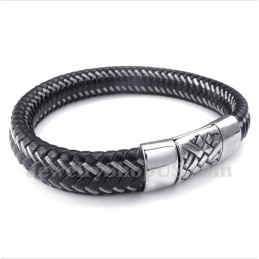 Men's Titanium Black Leather Cable Bracelet