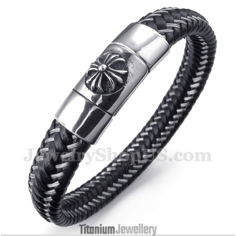 Men's Titanium Black Leather Cable Bracelet