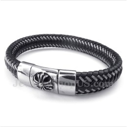 Men's Titanium Black Leather Cable Bracelet