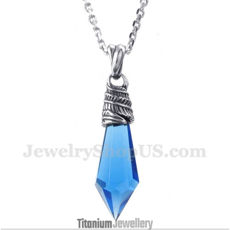 Men's Titanium Blue Crystal Hexagon Prism Pendant With Free Chain Men's Titanium Blue Crystal Hexagon Prism Pendant With Free Chain