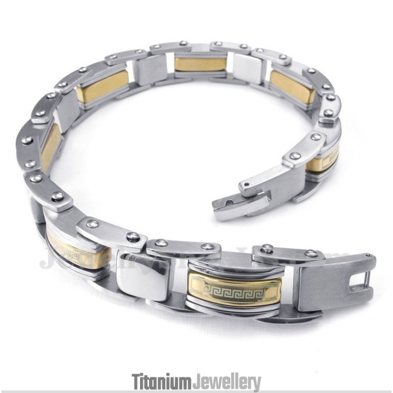 Men's Titanium Gold Greek Meander Pattern Bracelet