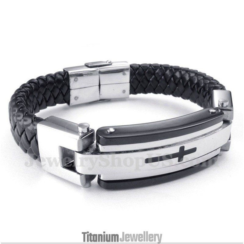 Men's Titanium Cross Leather Bracelet