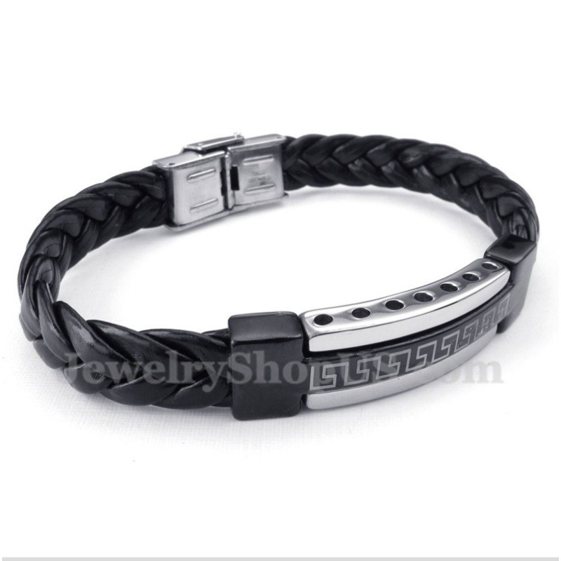 Men's Titanium Greek Meander Pattern Leather Bracelet Men's Titanium Greek Meander Pattern Leather Bracelet