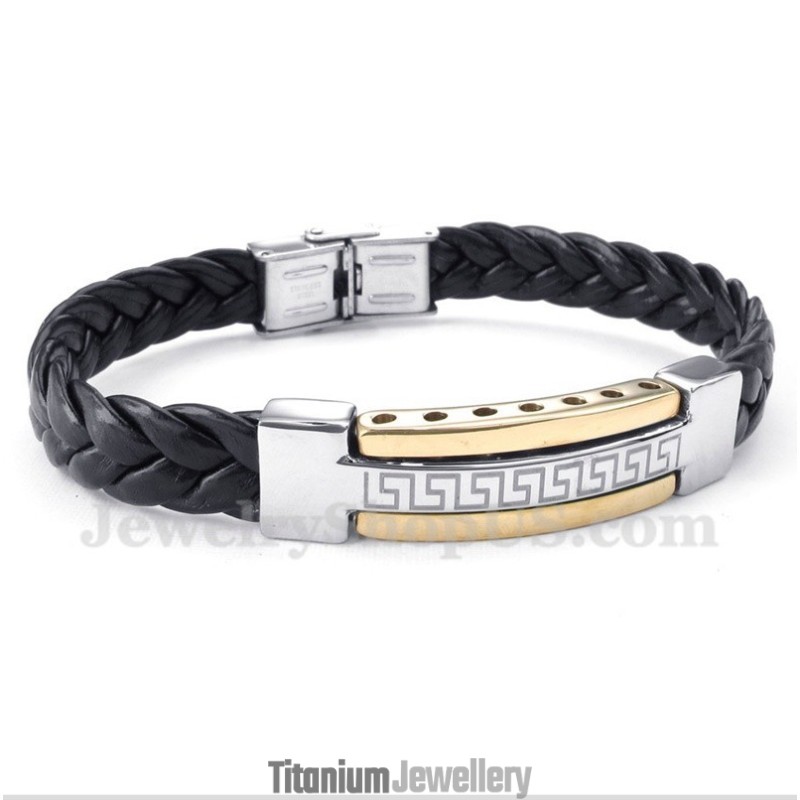 Men's Titanium Greek Meander Pattern Gold Leather Bracelet Men's Titanium Greek Meander Pattern Gold Leather Bracelet