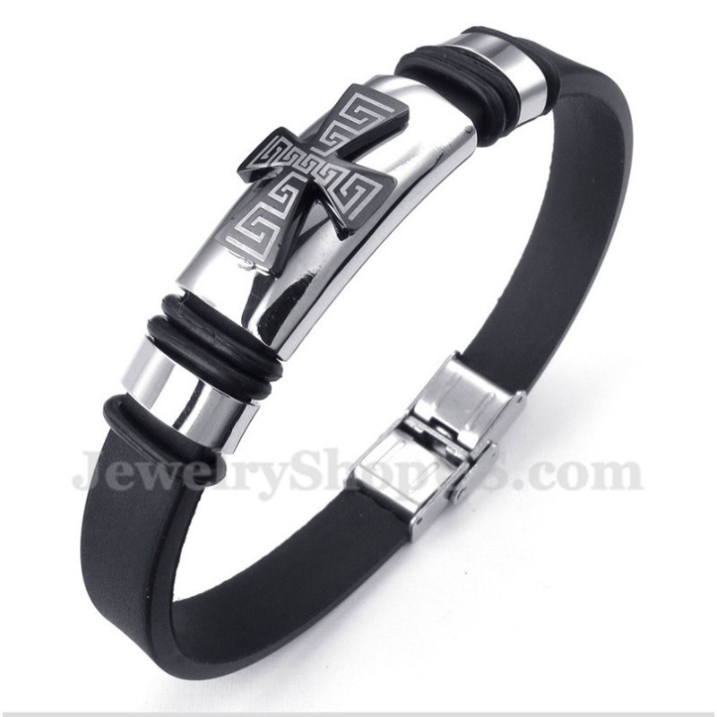 Men's Titanium Greek Meander Pattern Cross Rubber Bracelet