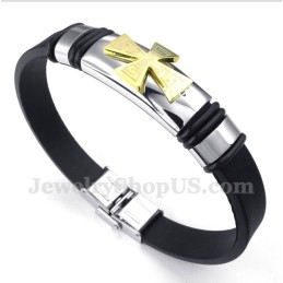 Men's Titanium Greek Meander Pattern Gold Cross Rubber Bracelet
