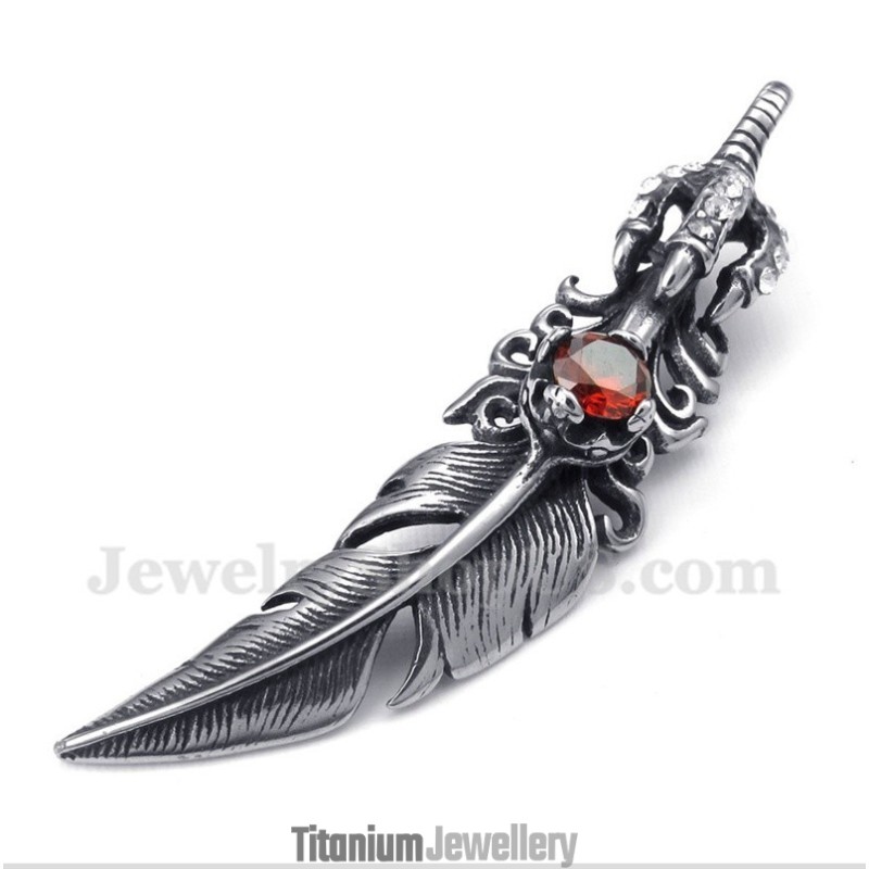 Men's Titanium Red Crystal Feather Pendant With Free Chain Men's Titanium Red Crystal Feather Pendant With Free Chain