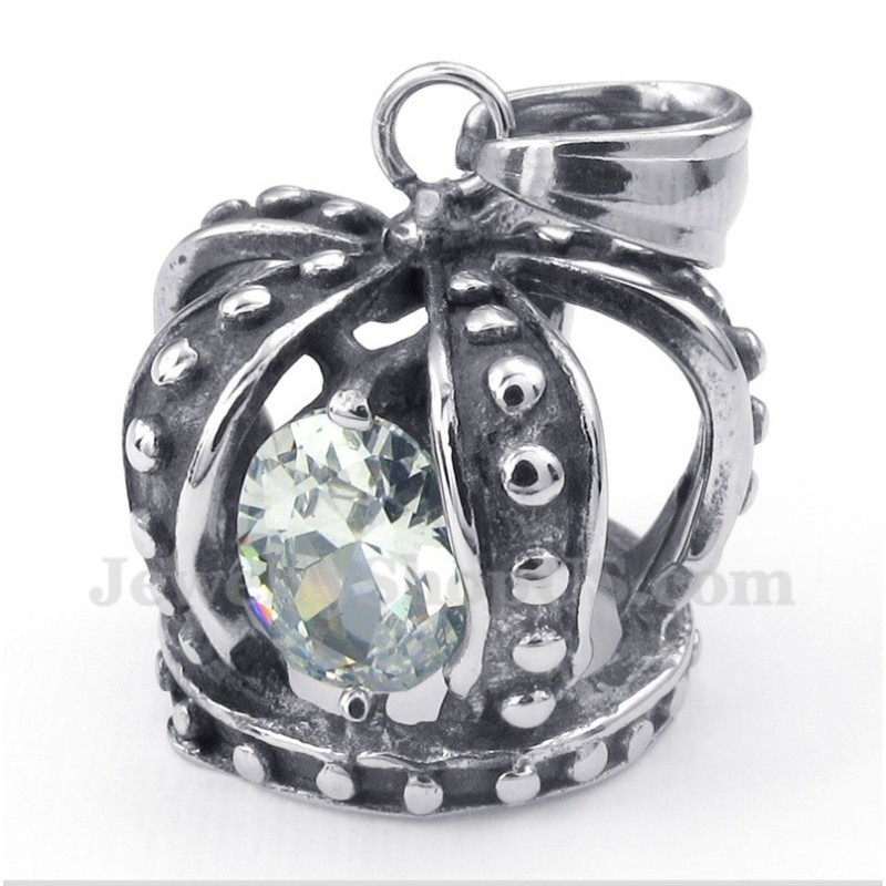 Men's Titanium White Crystal Crown Pendant With Free Chain Men's Titanium White Crystal Crown Pendant With Free Chain