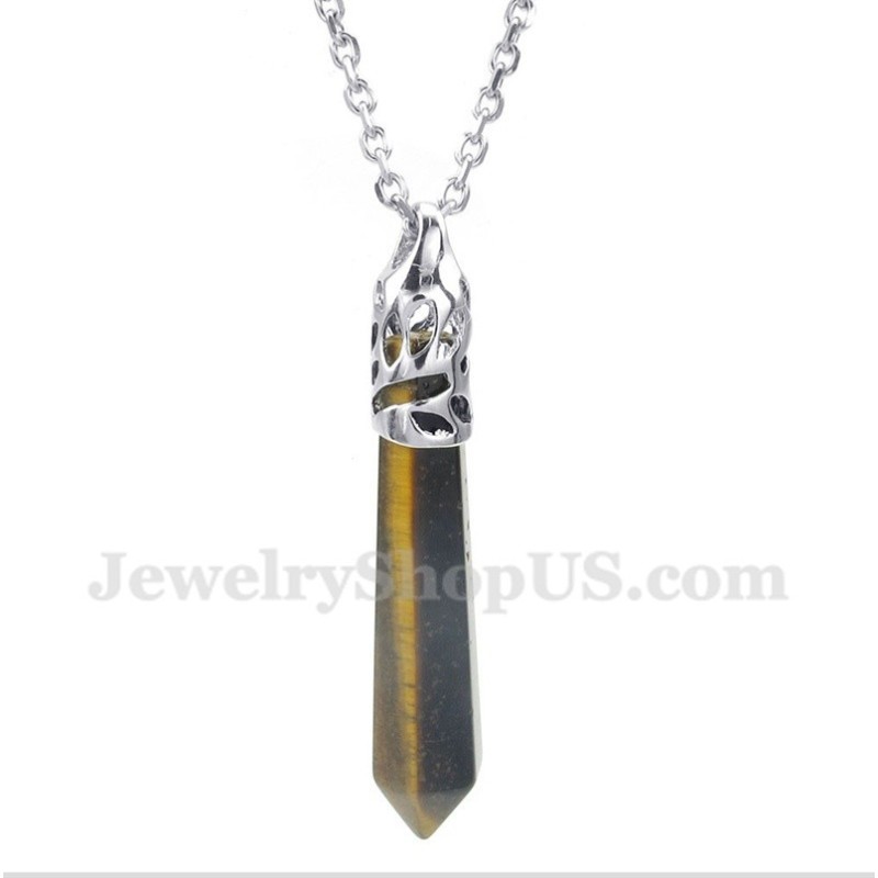 Men's Tiger'S-Eye Gemstones Hexagon Prism Pendant With Free Chain
