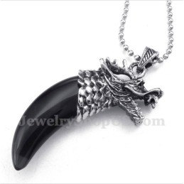Men's Titanium Black Onyx Wolf Head Horns Pendant With Free Chain