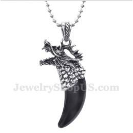 Men's Titanium Black Onyx Wolf Head Horns Pendant With Free Chain