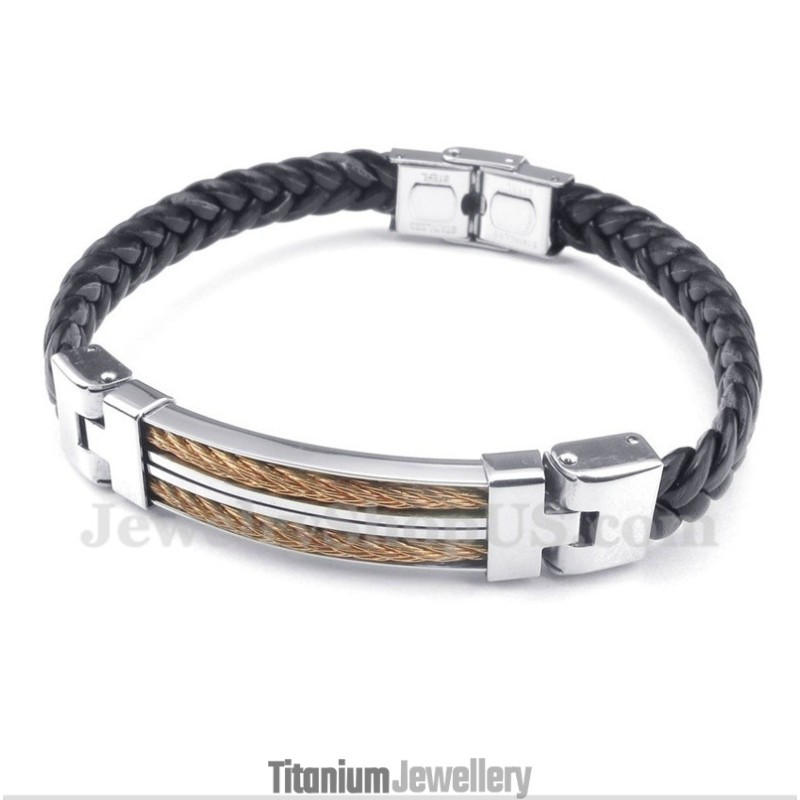 Men's Leather Rose Gold Titanium Bracelet