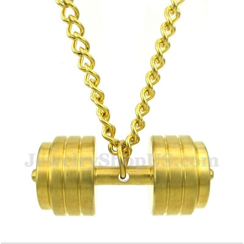 Men's Gold Titanium Dumbbells Pendant With Free Chain