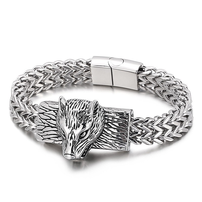 Hip-Hop Wolf Head Double Row Keel Woven Chain Men's Titanium Bracelet