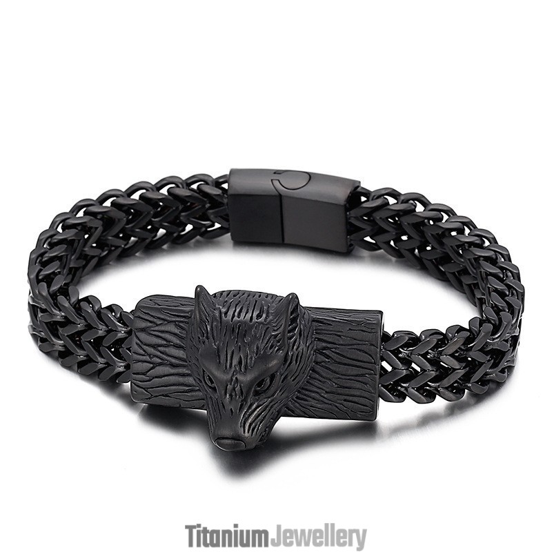Hip Hop Wolf Head Double Row Keel Woven Chain Men's Titanium Bracelet