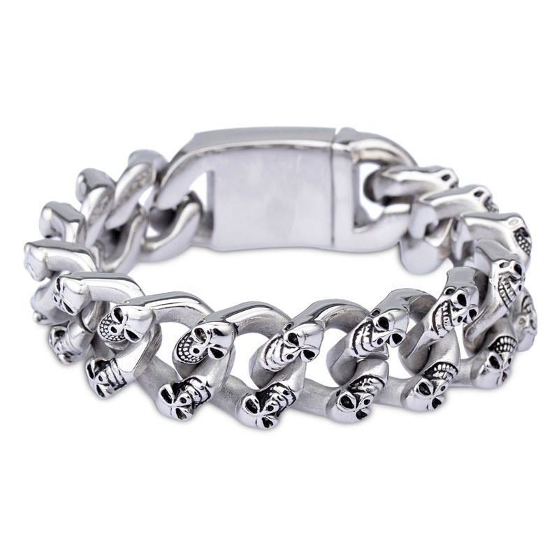 Fashion Double Row Skull Titanium Bracelet For Men