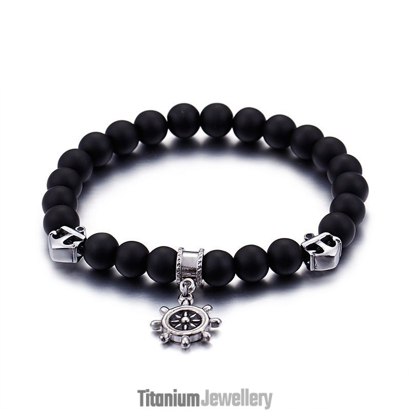Vintage Anchor Sailor Rudder Titanium Men's Beaded Bracelet