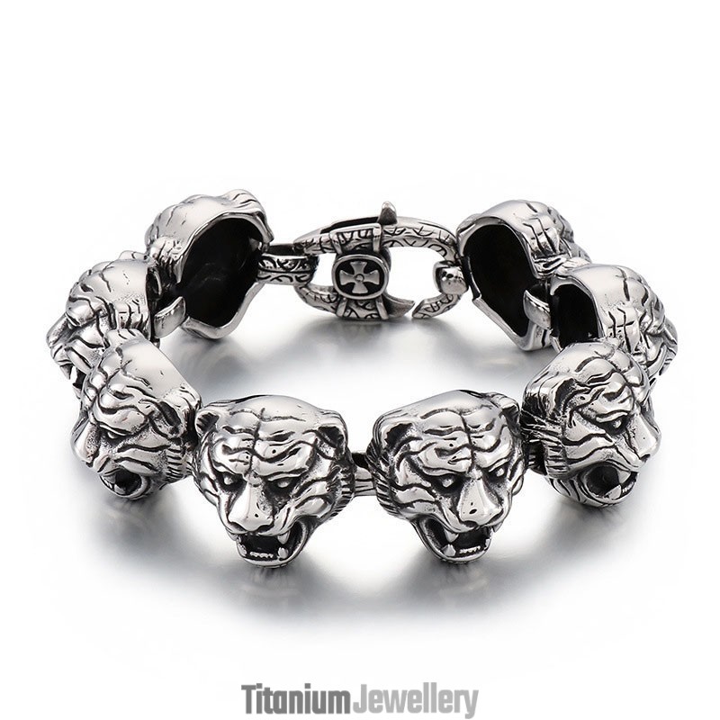 Cool Fashion Tiger Head Cross Flower Clasp Titanium Bracelet For Men Cool Fashion Tiger Head Cross Flower Clasp Titanium Bracelet For Men