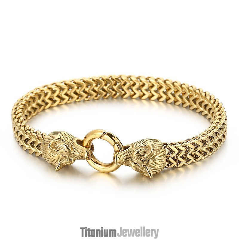 Cool Rock Hip-Hop Double Wolf Head Titanium Bracelet For Men