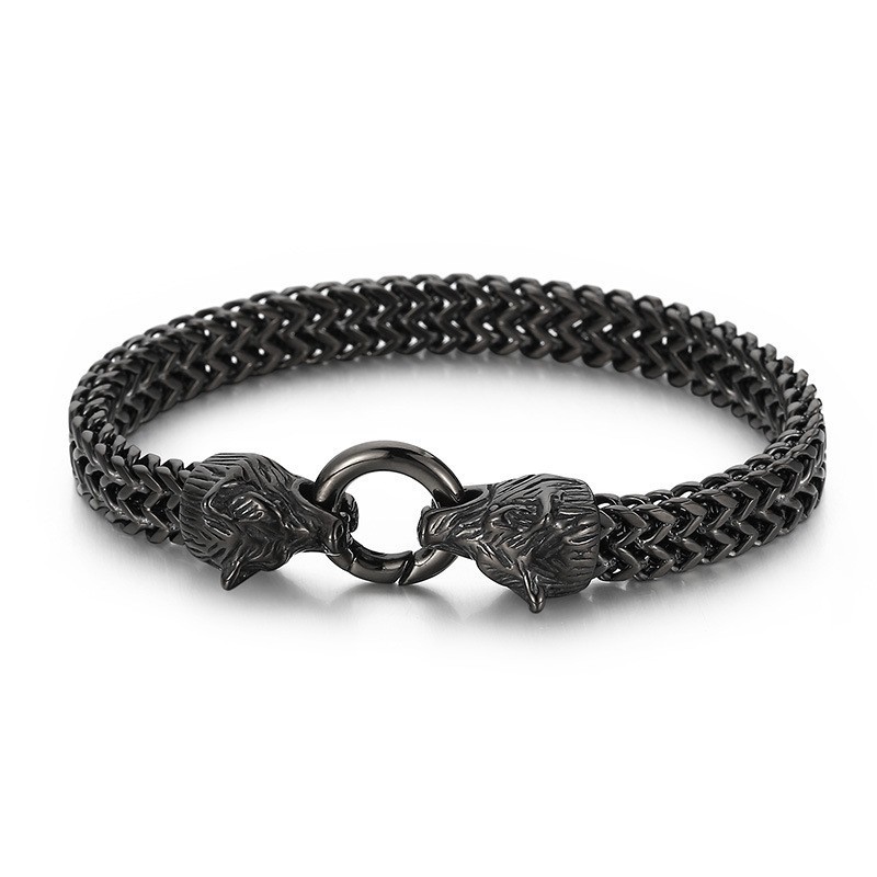 Cool Rock Hip-Hop Style Double Wolf Head Titanium Bracelet For Men