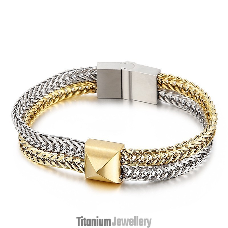 Hipster Hip-Hop Double Layer Color Blocking Keel Woven Chain Titanium Men's Bracelet