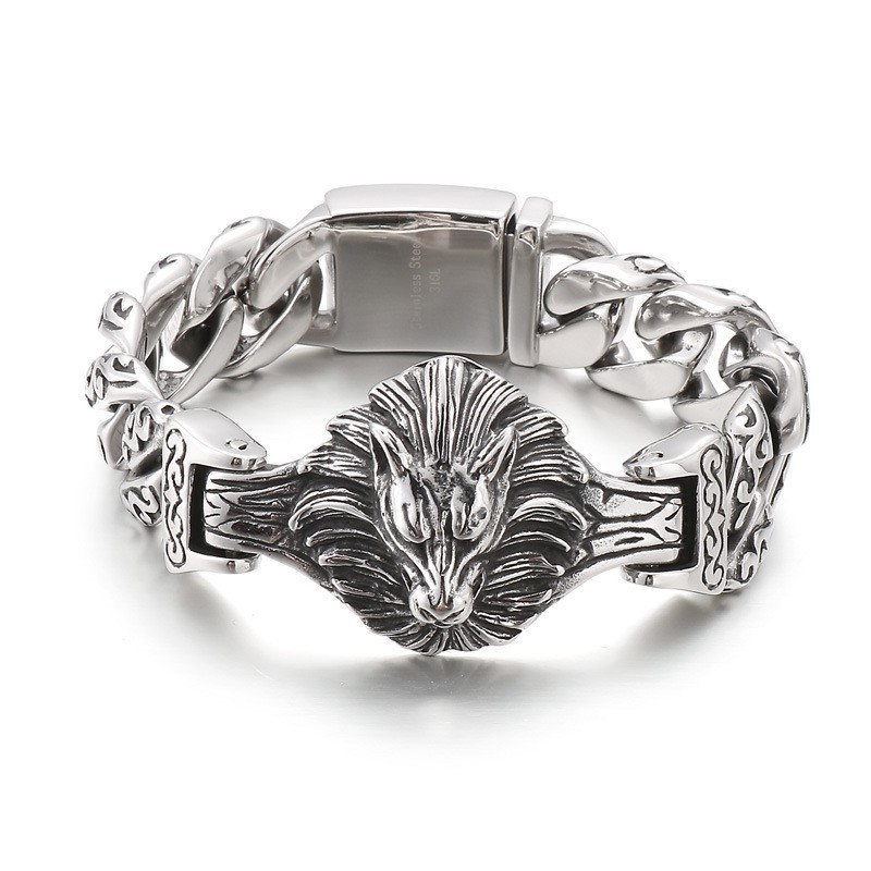 Wolf Head Floral Titanium Bracelet For Men