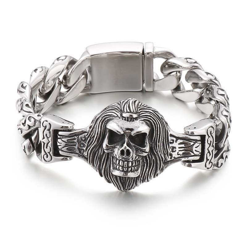 Skull Head Flower Titanium Bracelet For Men