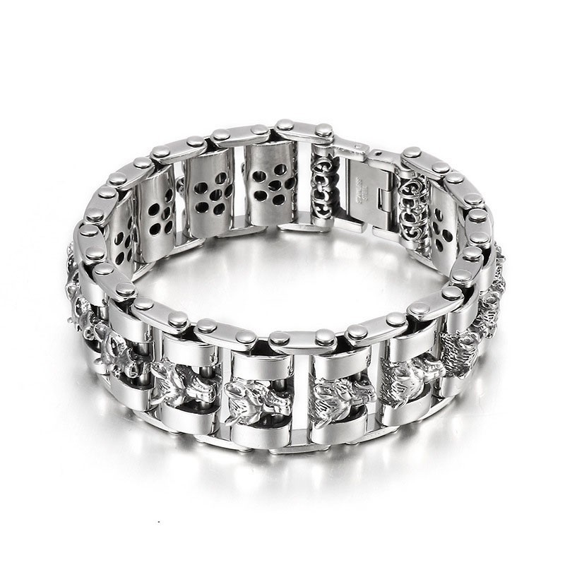 Cool Men's Wolf Head Biker Titanium Bracelet Cool Men's Wolf Head Biker Titanium Bracelet