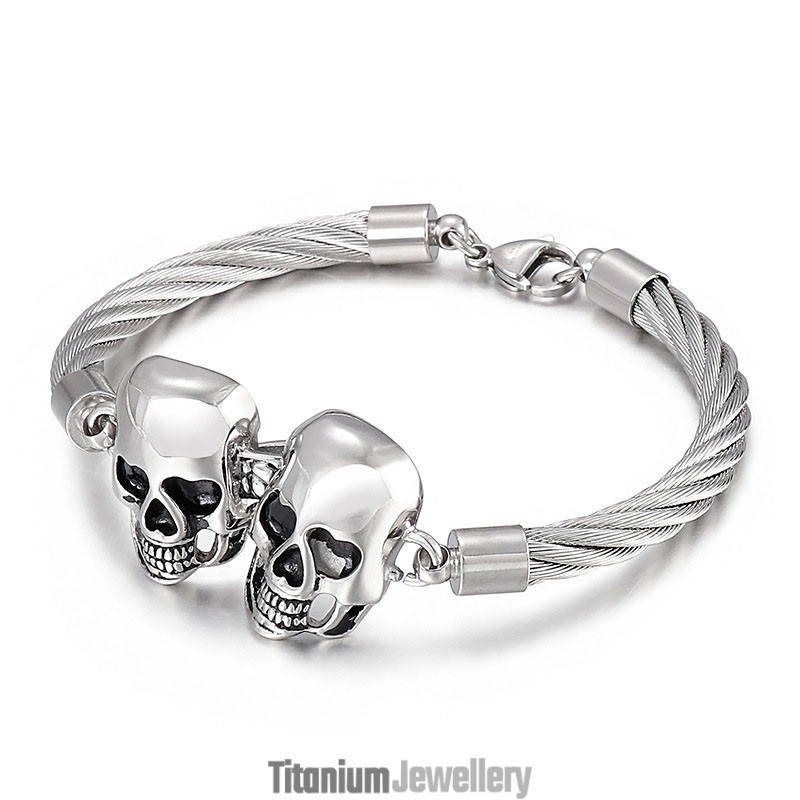 Cool Fashion Double Skull Steel Wire Men's Titanium Bracelet Cool Fashion Double Skull Steel Wire Men's Titanium Bracelet