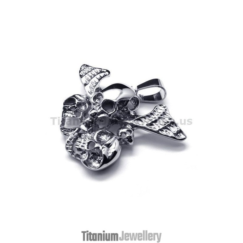 Pure Titanium Three Skull Design Pendant With Wings - Free Chain