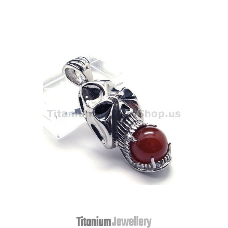 Pure Titanium Skull Design Pendant With Ruby Ball - Free Chain Pure Titanium Skull Design Pendant With Ruby Ball - Free Chain