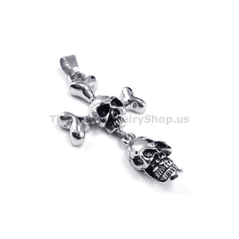 Titanium Two Skull Design Cross Pendant - Free Chain