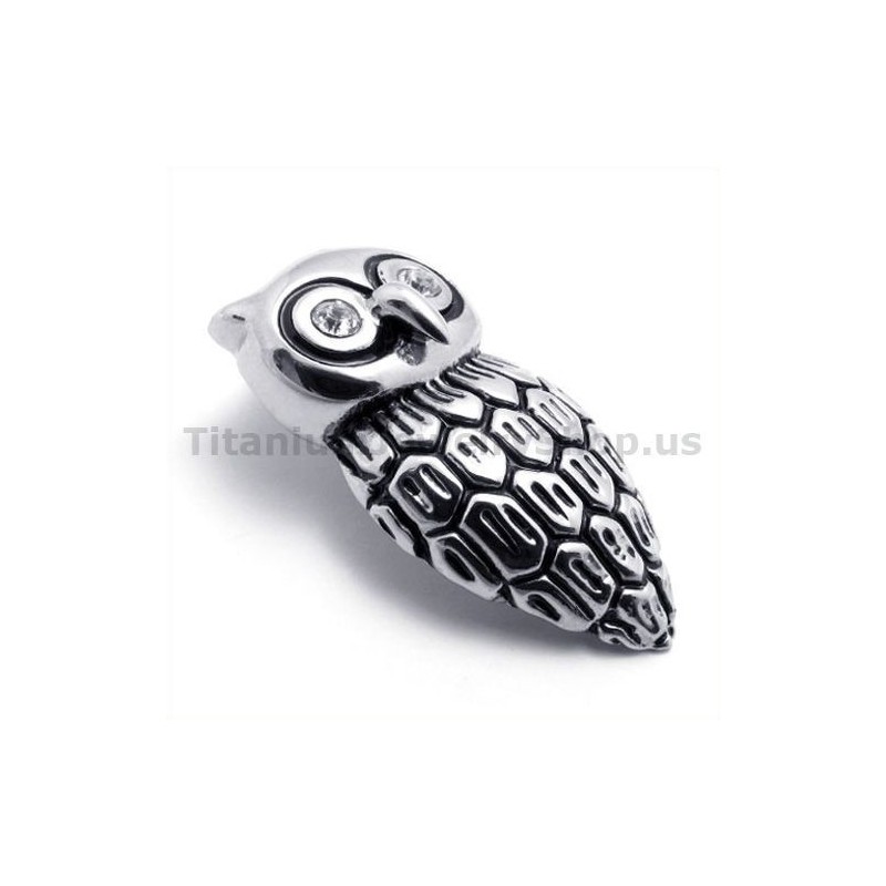 Titanium Owl Pendant With Diamond - Free Chain