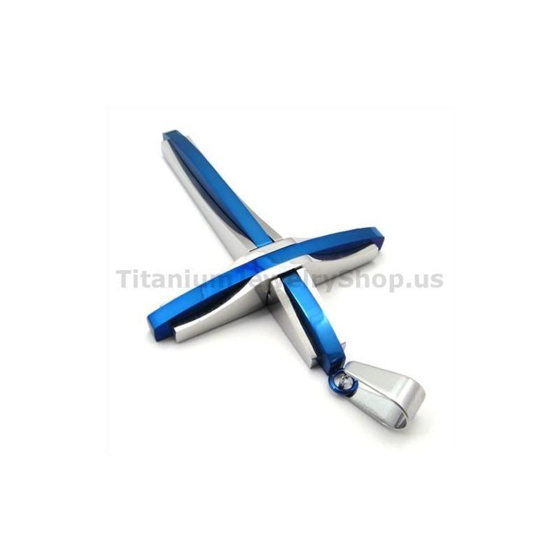 Blue Color Cross Titanium Pendant - Free Chain