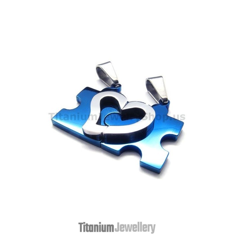 Sweetheart Jigsaw Puzzle Titanium Lovers Pendants(Blue)-Free Chains Sweetheart Jigsaw Puzzle Titanium Lovers Pendants(Blue)-Free Chains